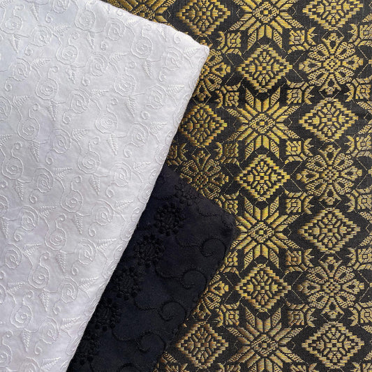 Black and White Cotton Eyelet with Metallic Songket