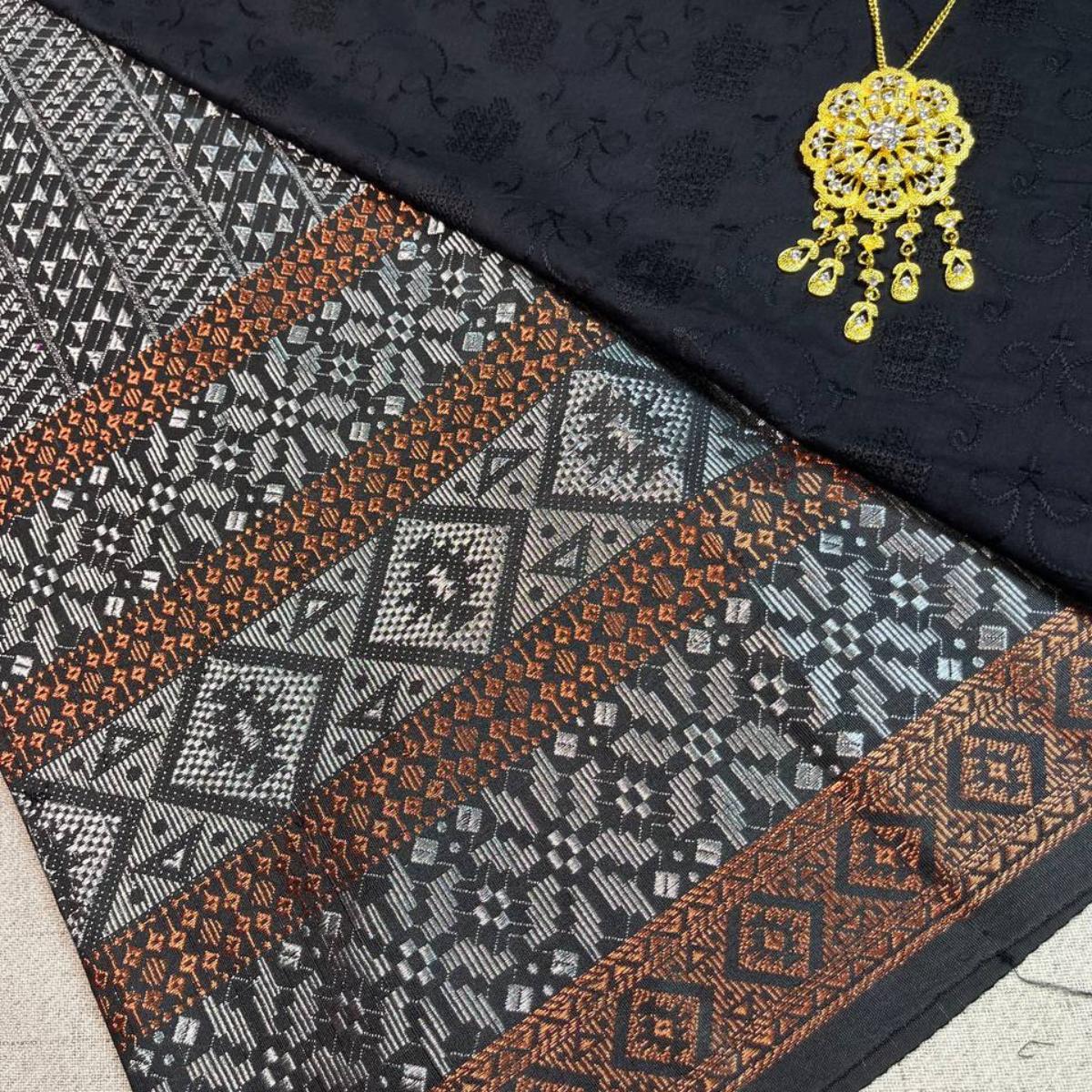 Triple Line Border Songket with Mix Cotton Embroidery Combo Set