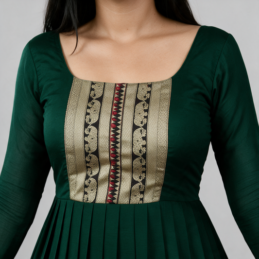Women's Brocade Panel Anarkali Gown with Dupatta - Neckline