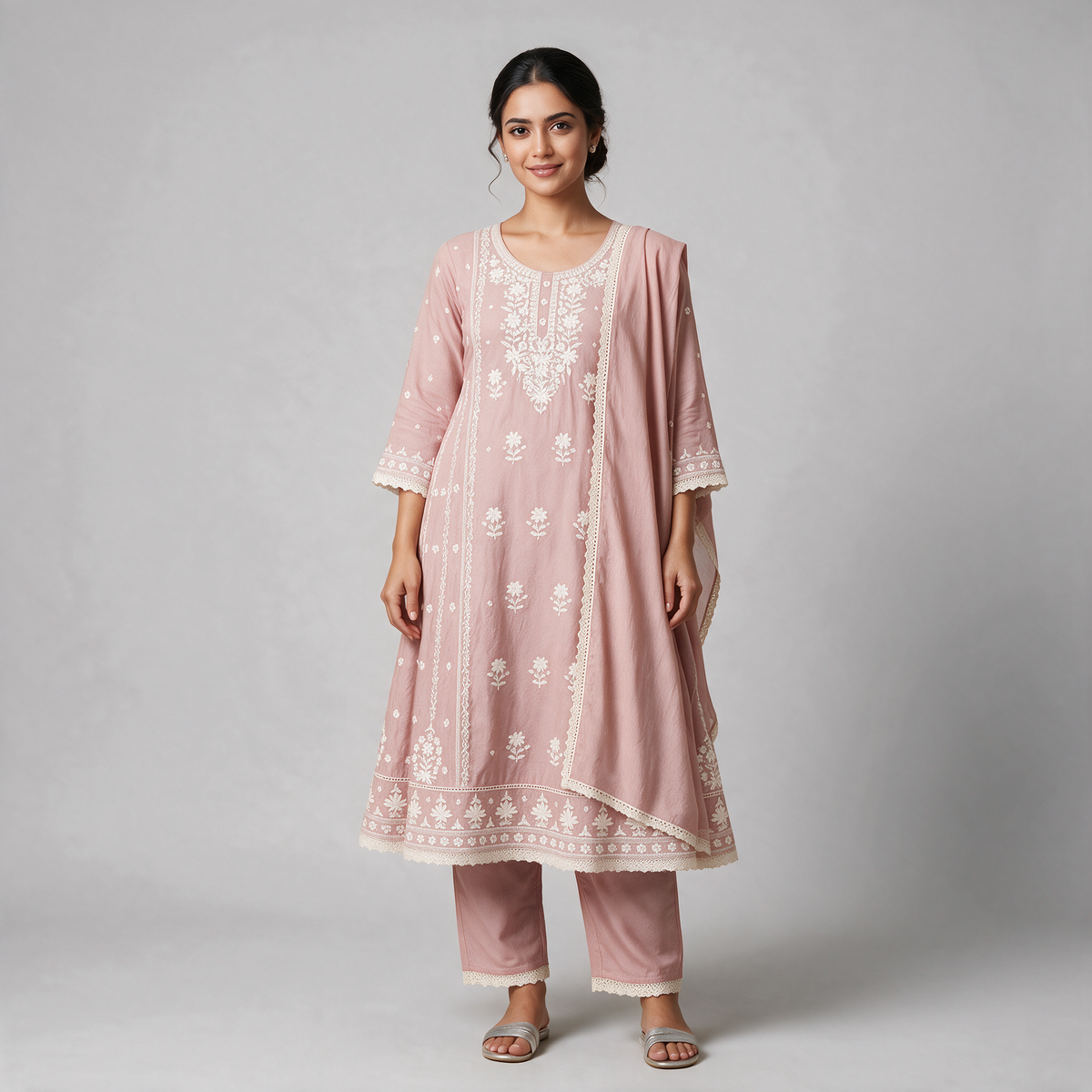 Women's Chikankari Embroidered 3-Piece Kurta Set with Dupatta - Dusty Pink