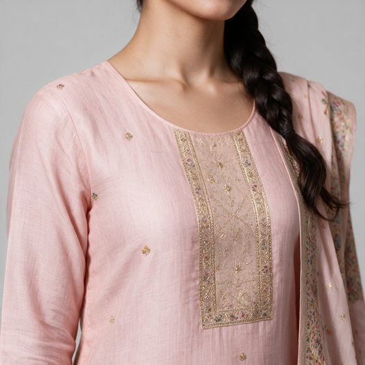 Women's Linen Embroidered Kurta Set with Dupatta - Embroidery