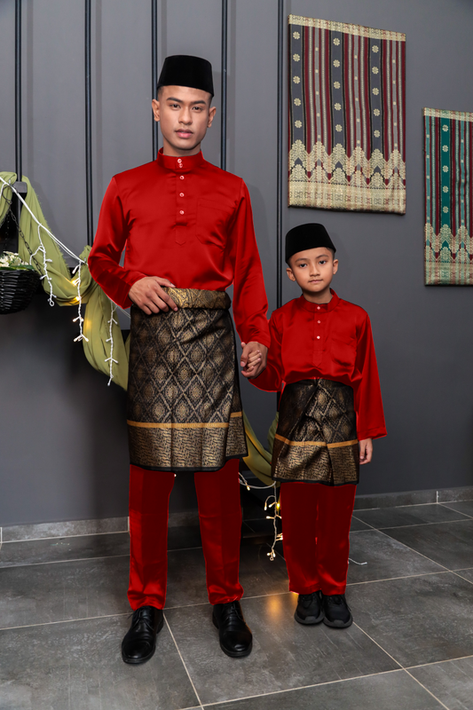 Aryan Cekak Musang  Bapa & Anak Moden Fit - Merah Menyala Baju Melayu