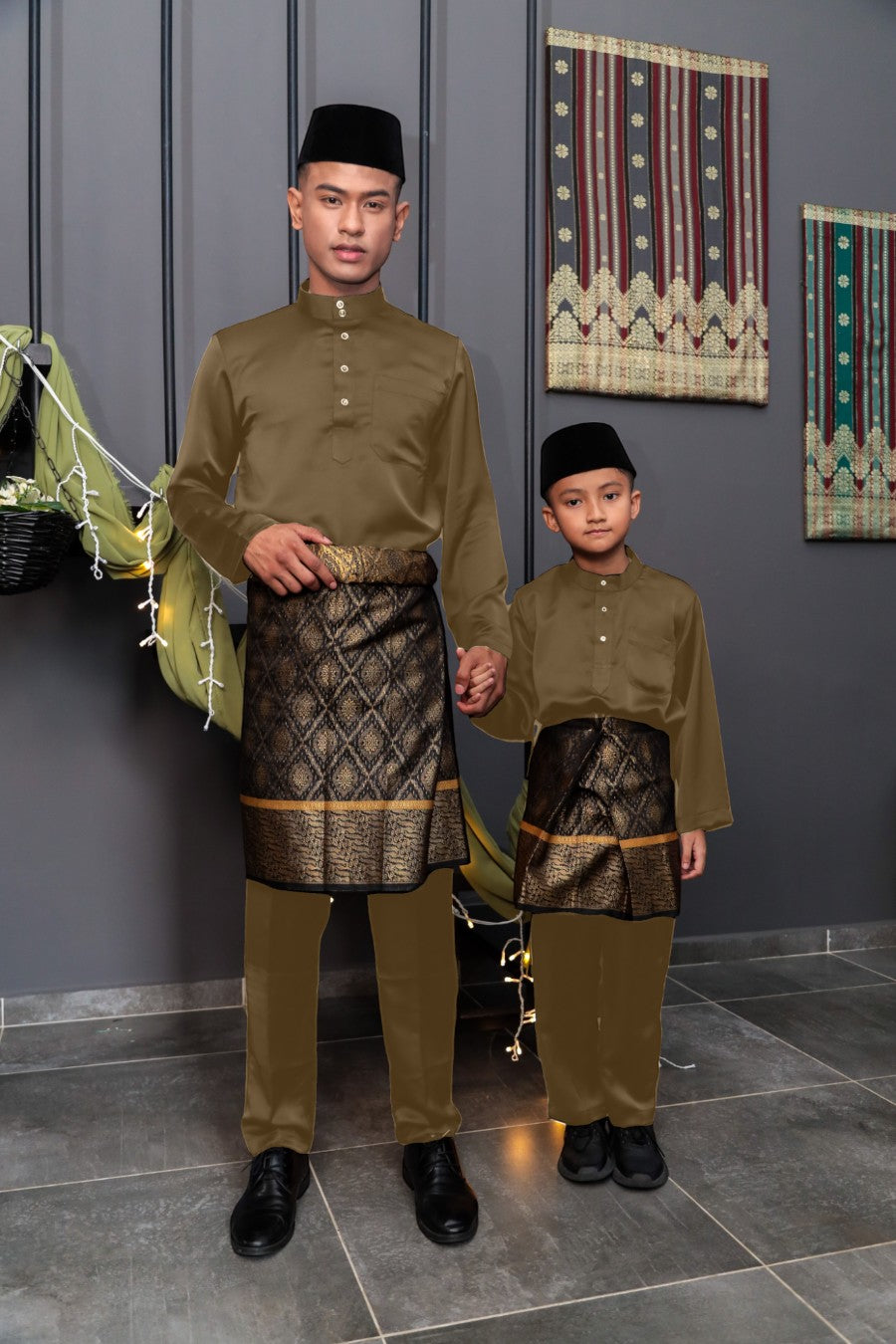 Arjuna Cekak Musang Bapa & Anak Moden Fit - Perang Kayu  Baju Melayu