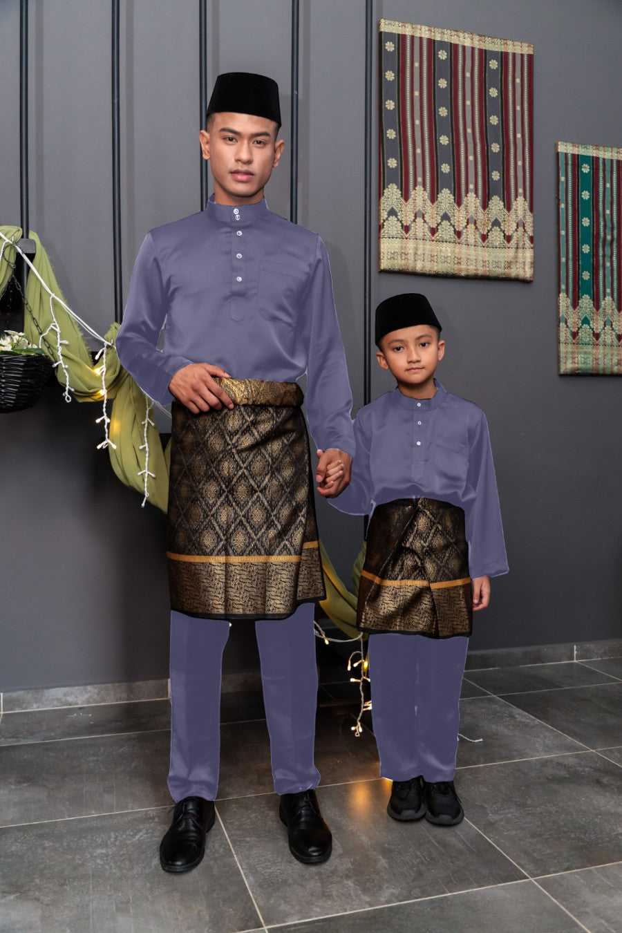 Arjuna Cekak Musang Bapa & Anak Moden Fit - Ungu Kelabu Baju Melayu