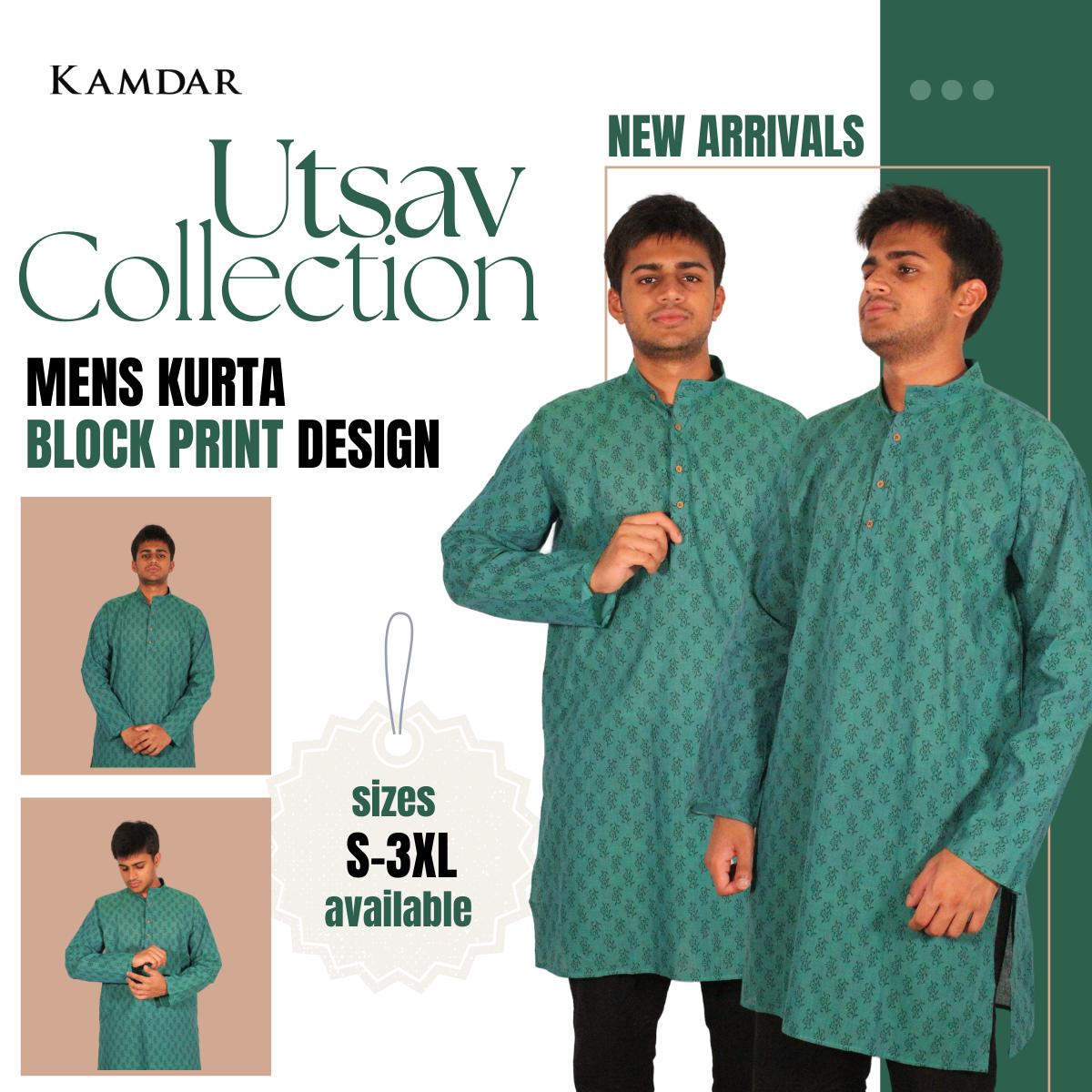 Kamdar Men's Block Print Kurta 100% Cotton Linen S-5XL Plus Size Available Deepavali Festive Shirt Baju Kurta Lelaki Kamdar Block Print 100% Kapas Linen S-5XL Plus Saiz Tersedia Baju Raya Deepavali