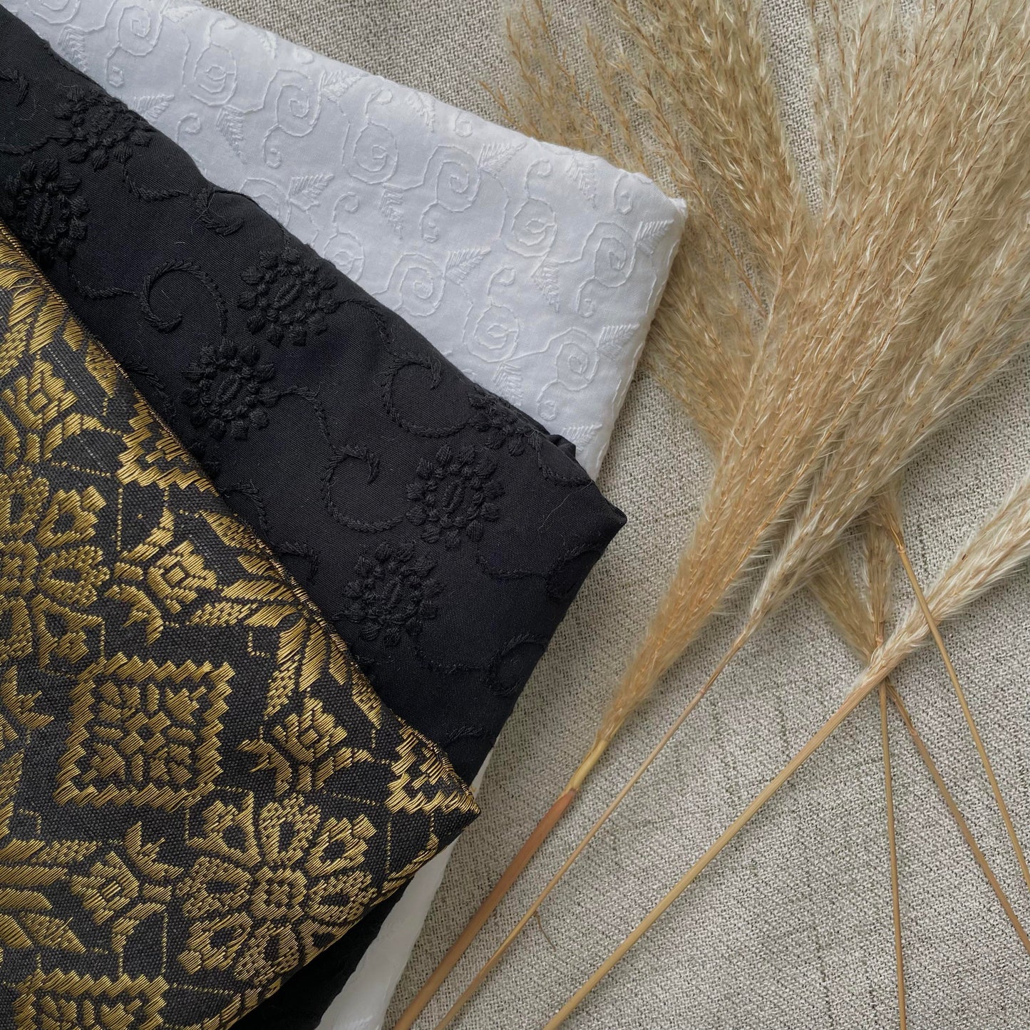 Black and White Cotton Eyelet with Metallic Songket