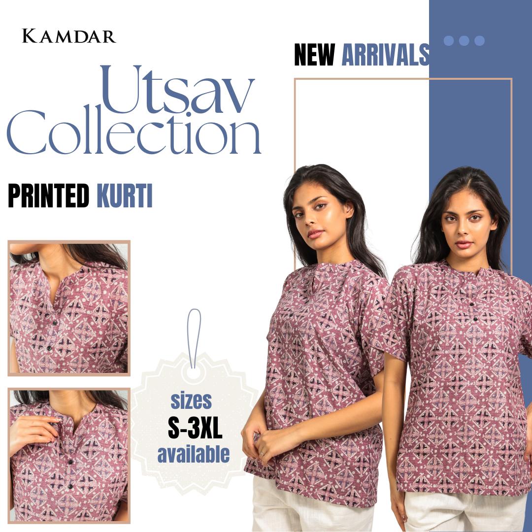 KAMDAR Printed Kurti/Top With Mandarin Collar 3 Button for Women (M-3XL) Plus Sizes Gaya Kasual Lengan Trendy & Selesa Kurti Murah