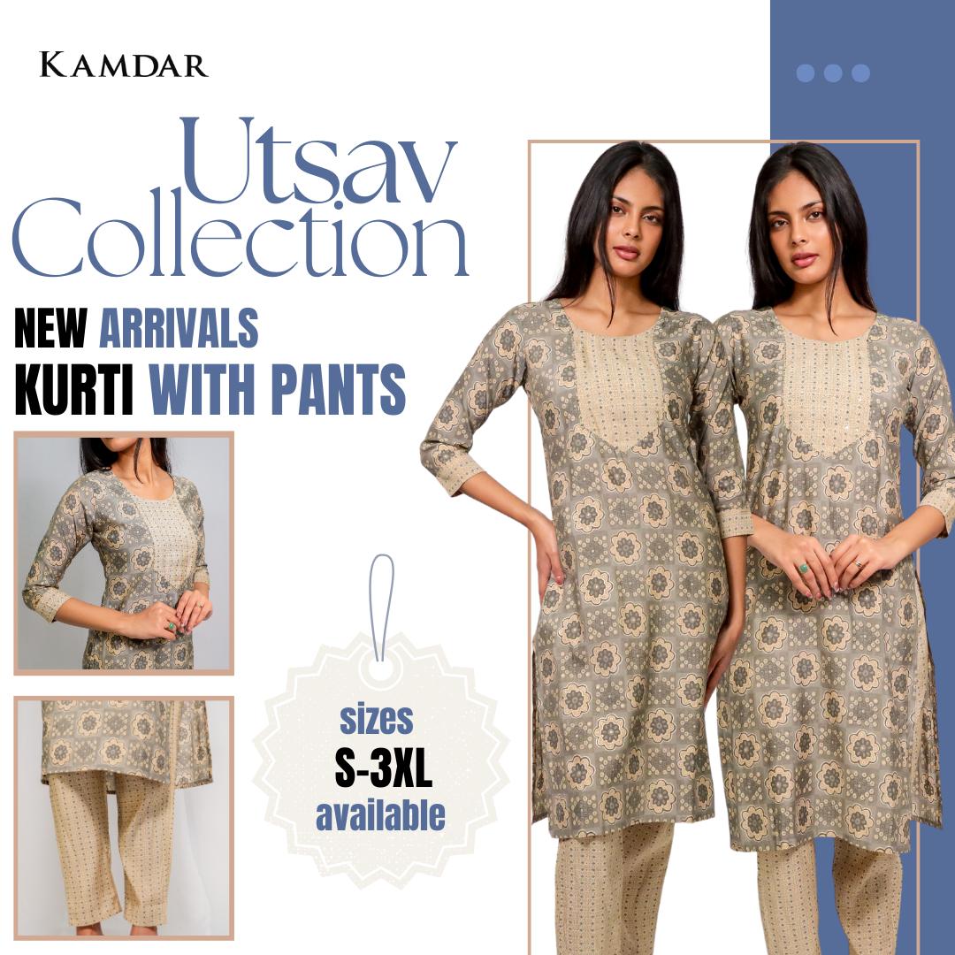 KAMDAR Rupali Kurti dengan Seluar Set 2-dalam-1 Sedia untuk Wanita (S - 3XL) Set Pallazo Pakaian Kuil Ketibaan Baru Pakaian Tradisional yang Cantik & Bergaya Pakaian Fesyen Deepavali