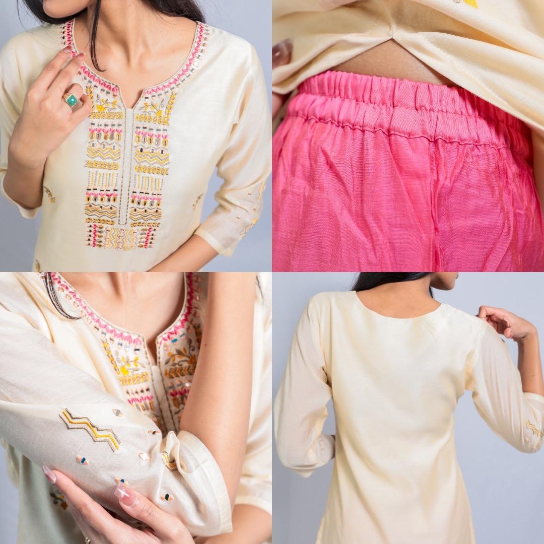 Kurti Bersulam Sutera Chanderi KAMDAR Sedia Buatan Wanita (S - 3XL) Ketibaan Baharu Pakaian Atasan Tradisional Cantik & Trendi Lengan Pakaian Merah Jambu Berdebu Fesyen Deepavali