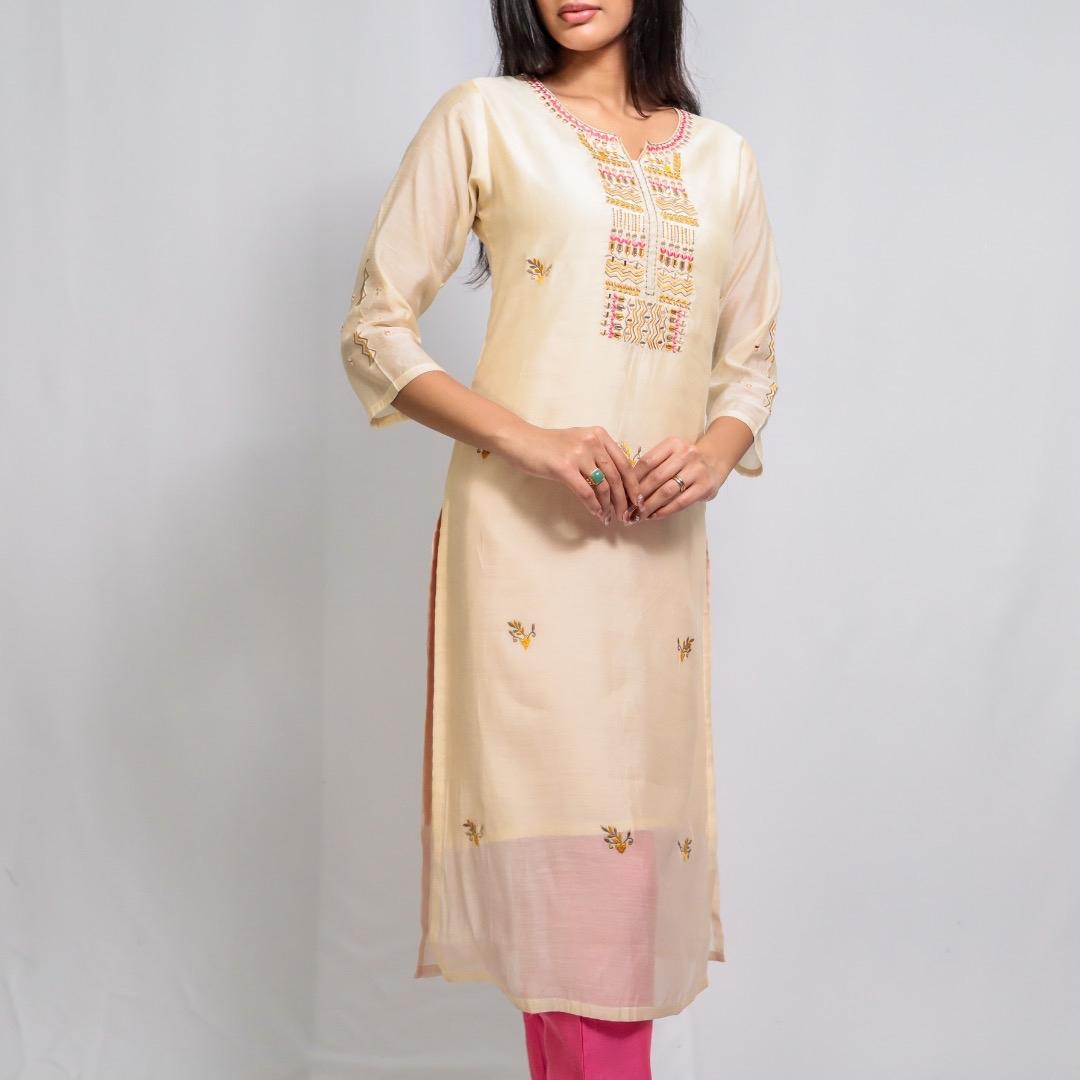 Kurti Bersulam Sutera Chanderi KAMDAR Sedia Buatan Wanita (S - 3XL) Ketibaan Baharu Pakaian Atasan Tradisional Cantik & Trendi Lengan Pakaian Merah Jambu Berdebu Fesyen Deepavali