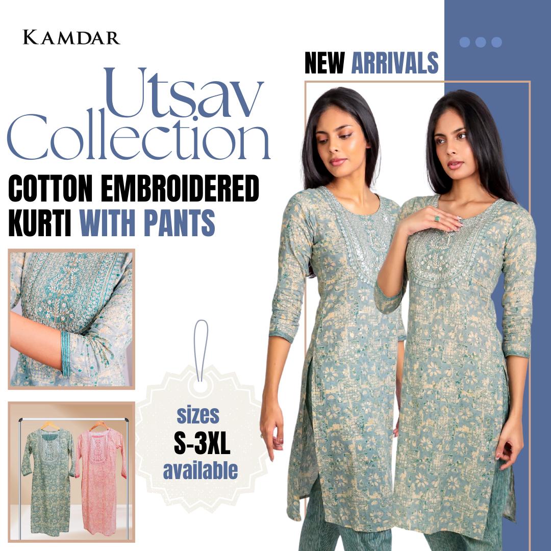 KAMDAR Sima Cotton Sulam Kurti dengan Seluar Readymade Set 2-in-1 untuk Wanita (S - 3XL) Plus Size Set Pallazo Ketibaan Baru Cantik & Trendi Lengan Pakaian Tradisional Fesyen Deepavali
