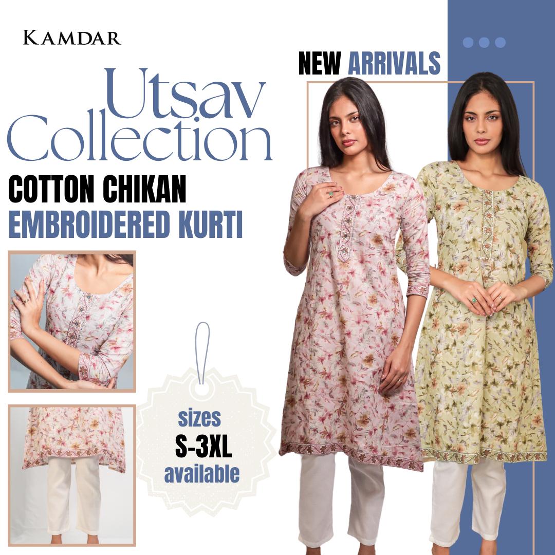 KAMDAR Cotton Chikan Bordir Kurti Readymade untuk Wanita (S - 3XL) Plus Sizes Ketibaan Baru Cantik & Trendi Traditional Top Wear Dress Lengan Dusty Pink Deepavali Fesyen
