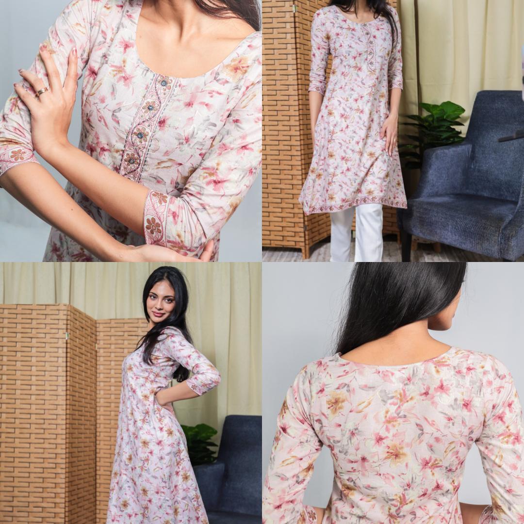 KAMDAR Cotton Chikan Bordir Kurti Readymade untuk Wanita (S - 3XL) Plus Sizes Ketibaan Baru Cantik & Trendi Traditional Top Wear Dress Lengan Dusty Pink Deepavali Fesyen