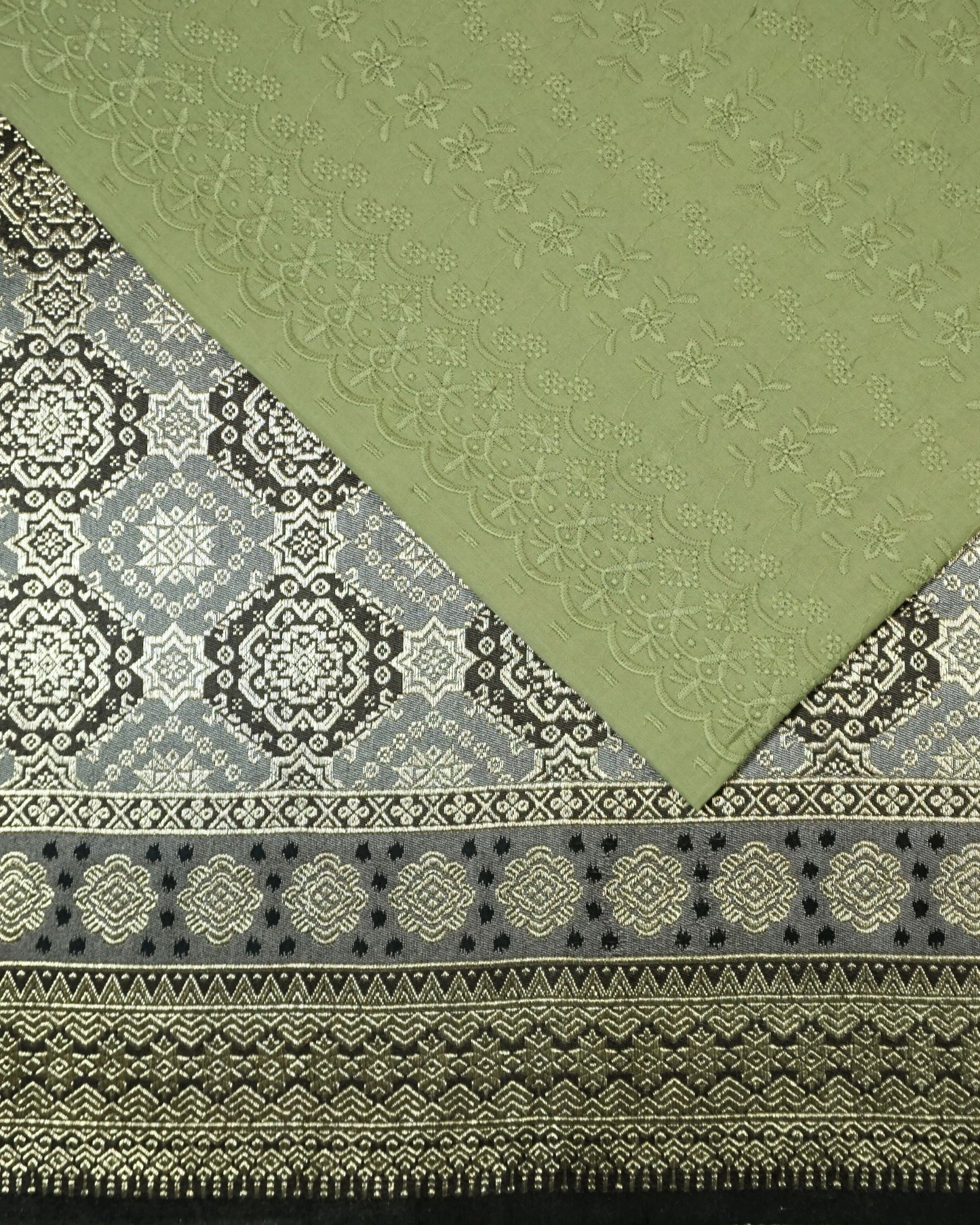 Cotton Cambric Embroidery with Two Tone Metallic Songket Combo Set