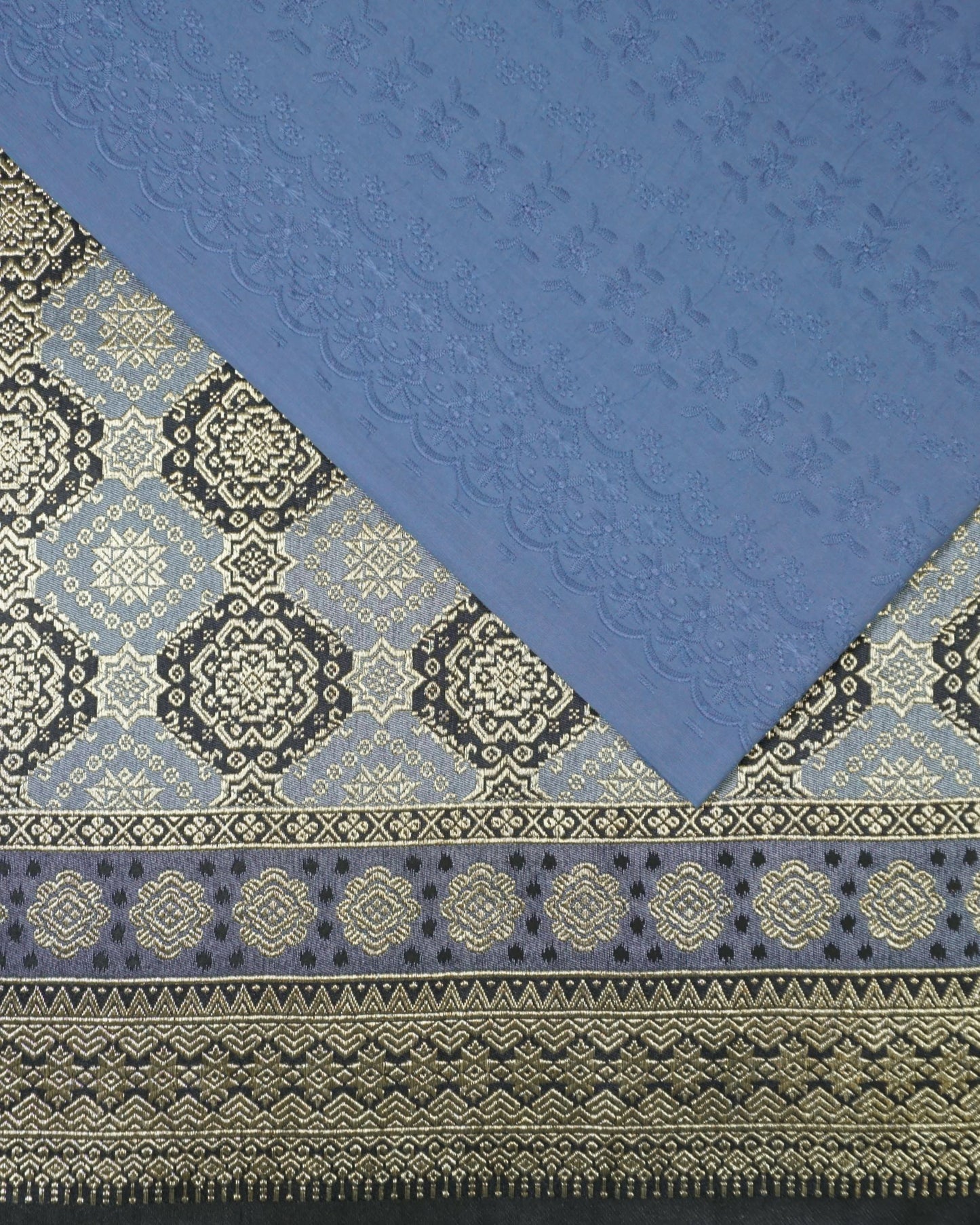 Cotton Cambric Embroidery with Two Tone Metallic Songket Combo Set