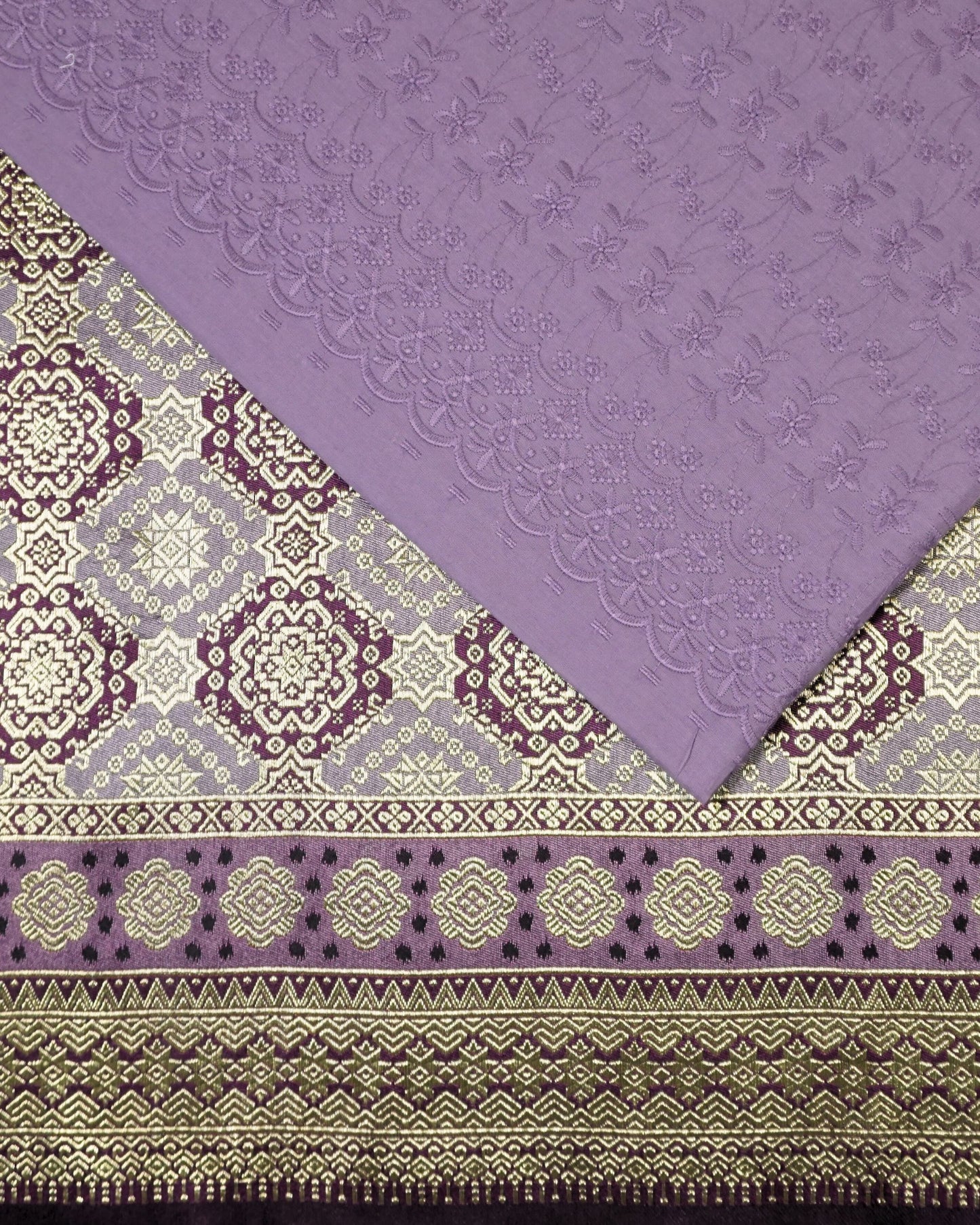 Cotton Cambric Embroidery with Two Tone Metallic Songket Combo Set