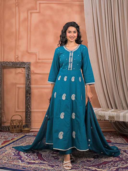 Embroidered Kurti Set in Mul Cotton Design 1