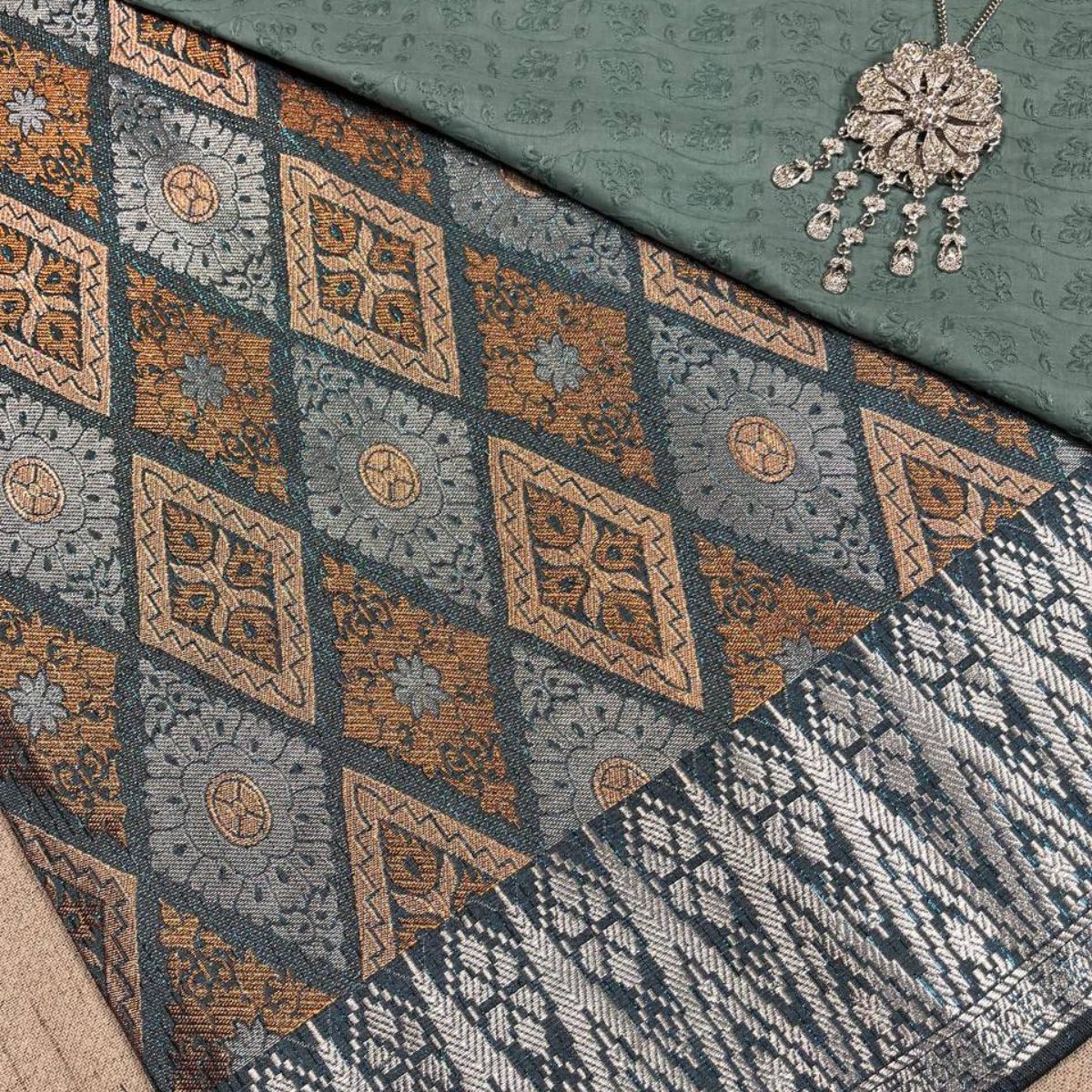 Orange Diamond Songket with Mix Cotton Embroidery Combo Set