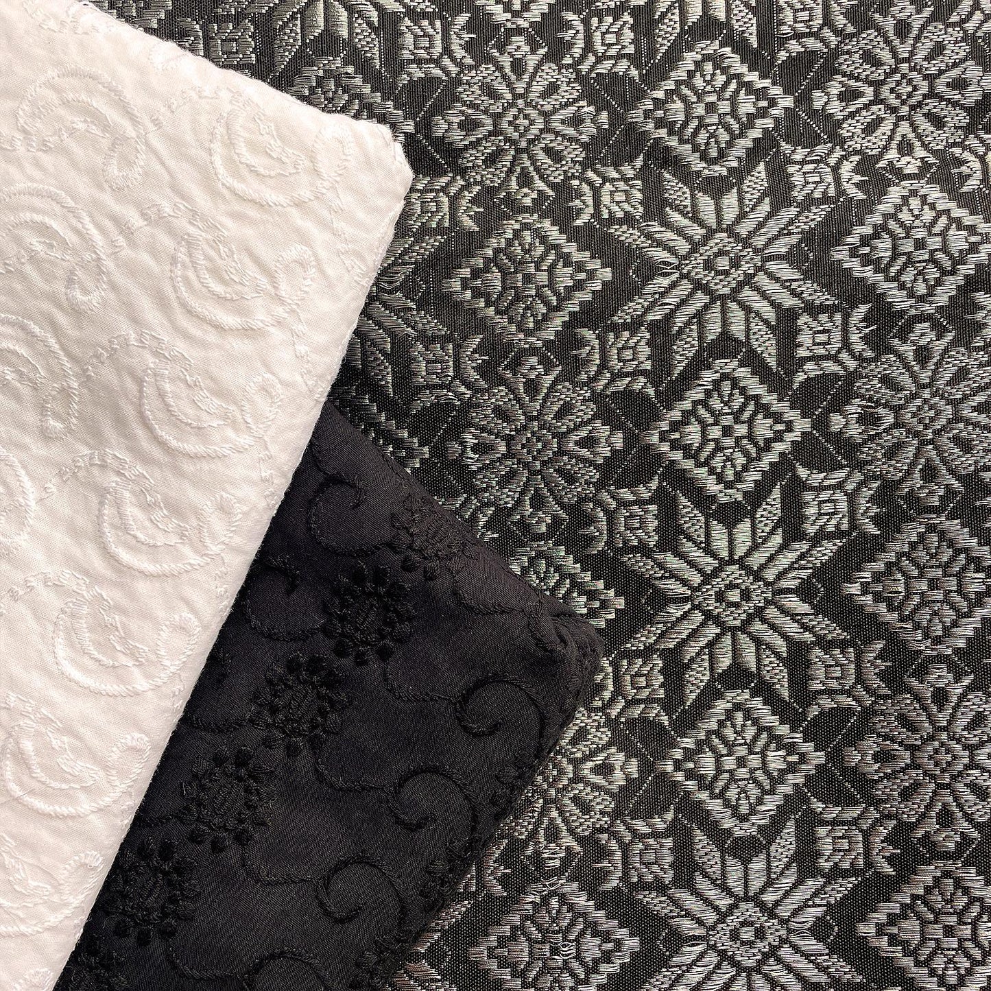 Black and White Cotton Eyelet with Metallic Songket