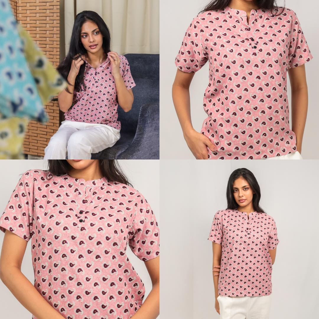 Kurti Bercetak KAMDAR/Atas Dengan Kolar Mandarin 3 Butang untuk Wanita (S-3XL) Plus Saiz Gaya Kasual Lengan Trendy & Selesa Kurti Murah