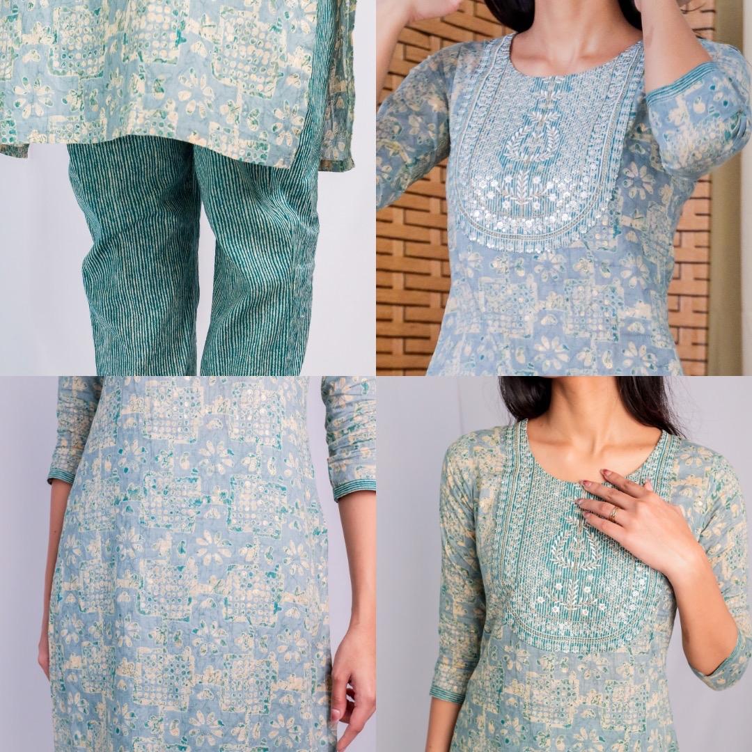 KAMDAR Sima Cotton Sulam Kurti dengan Seluar Readymade Set 2-in-1 untuk Wanita (S - 3XL) Plus Size Set Pallazo Ketibaan Baru Cantik & Trendi Lengan Pakaian Tradisional Fesyen Deepavali