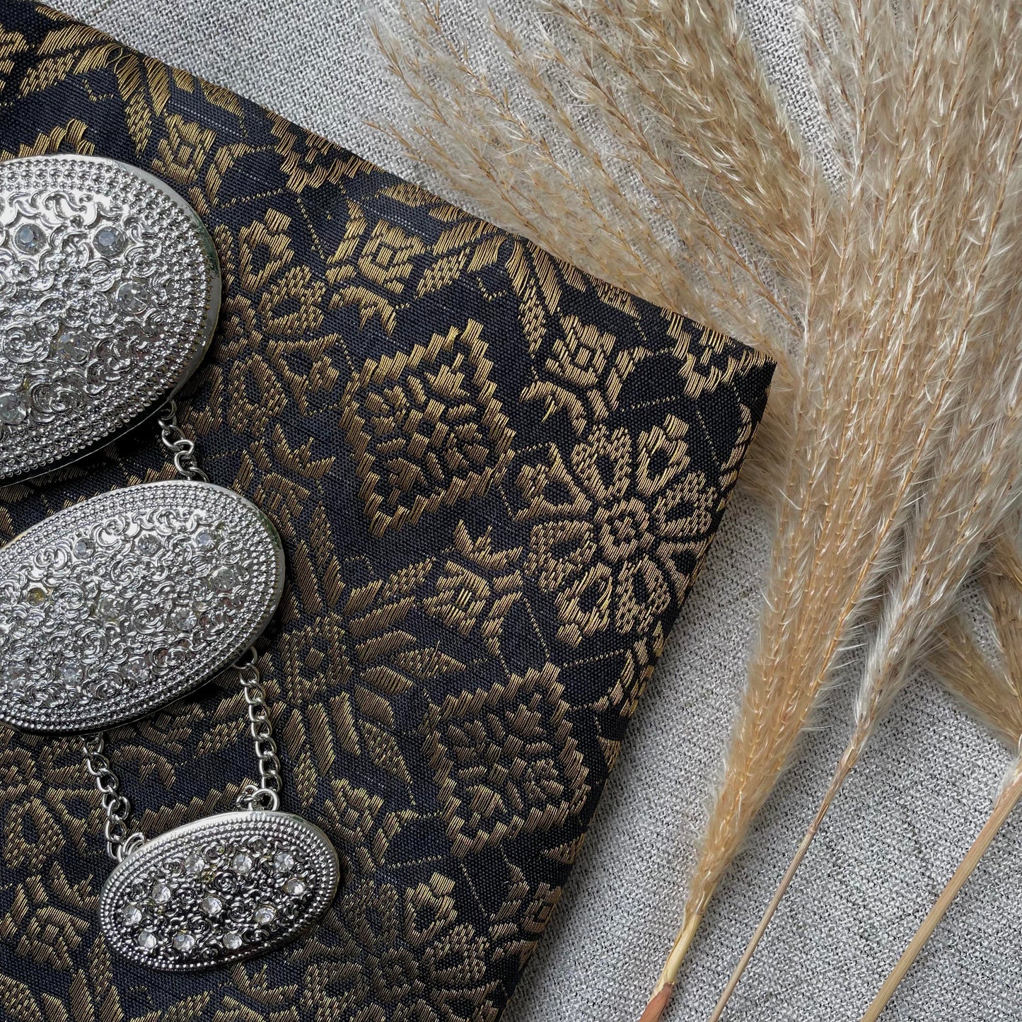 Black and White Cotton Eyelet with Metallic Songket