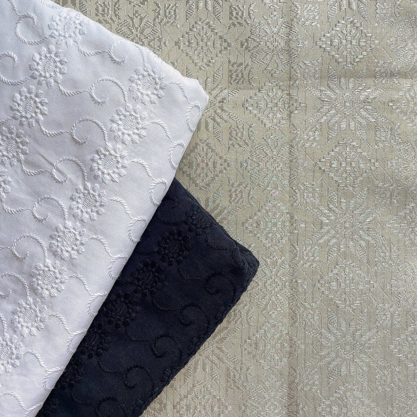 Black and White Cotton Eyelet with Metallic Songket