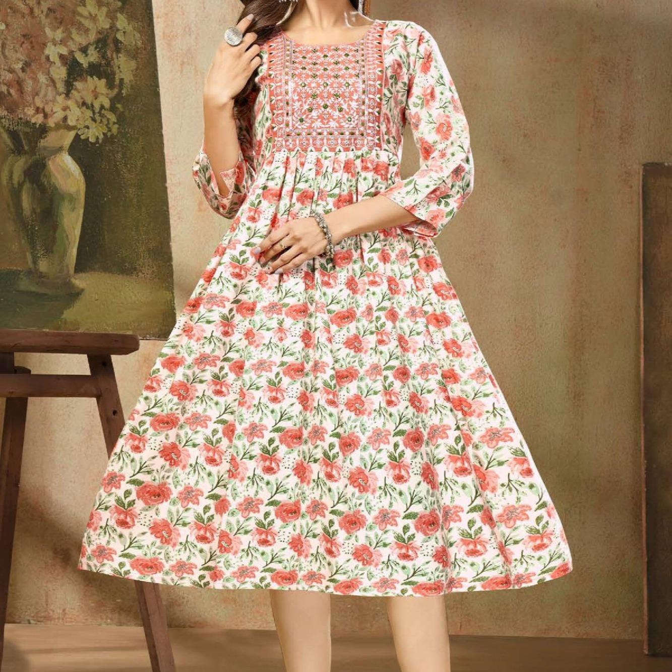 KAMDAR Shilpa Heavy Rayon Print dengan Sulaman Atasan Kurti Pakaian Wanita Sedia Buatan untuk Deepavali Fesyen Mampu Milik, Kasual, Trendi Saiz Plus Dusty Pink
