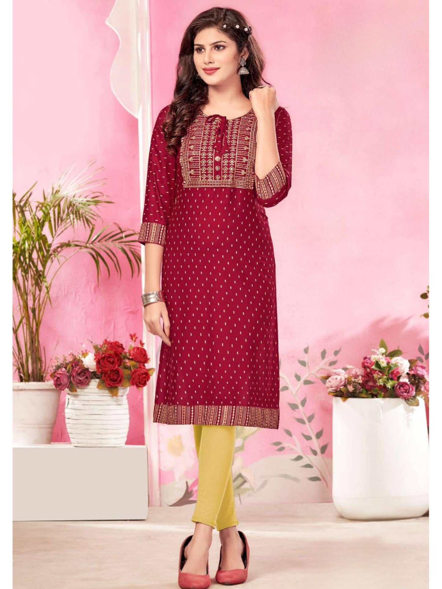 Baju Atasan Kurti Bersulam Kamdar Trupti Heavy Rayon Pakaian Wanita Sedia untuk Deepavali Fesyen Mampu Milik, Kasual, Gaya Trendi Saiz Plus KAMDAR Tripti Cetakan Heavy Rayon dengan Kerja Sulaman Eksklusif K