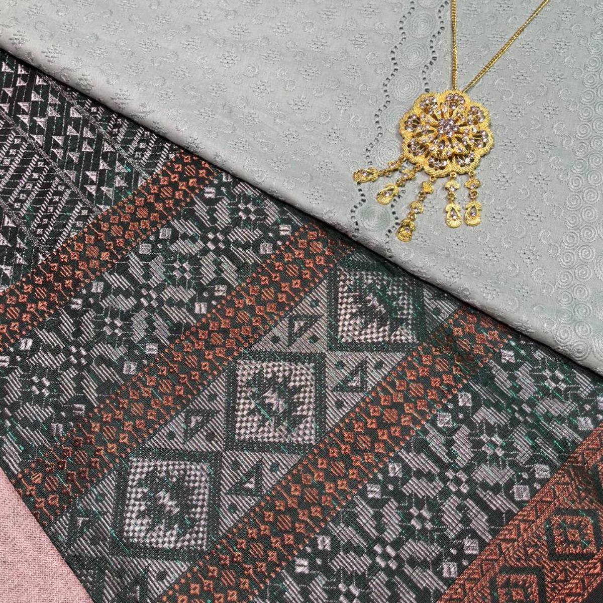 Triple Line Border Songket with Mix Cotton Embroidery Combo Set