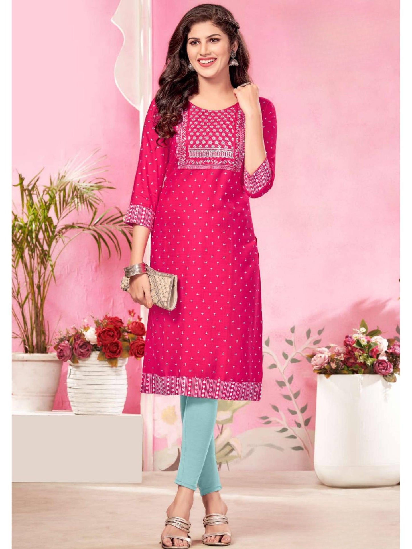 Baju Atasan Kurti Bersulam Kamdar Trupti Heavy Rayon Pakaian Wanita Sedia untuk Deepavali Fesyen Mampu Milik, Kasual, Gaya Trendi Saiz Plus KAMDAR Tripti Cetakan Heavy Rayon dengan Kerja Sulaman Eksklusif K