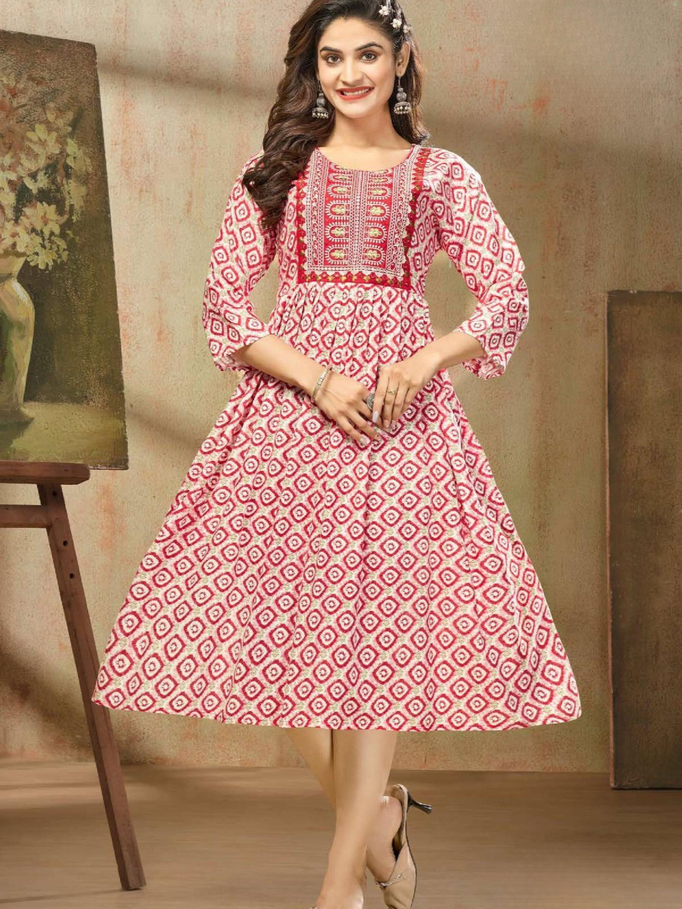 KAMDAR Shilpa Heavy Rayon Print dengan Sulaman Atasan Kurti Pakaian Wanita Sedia Buatan untuk Deepavali Fesyen Mampu Milik, Kasual, Trendi Saiz Plus Dusty Pink