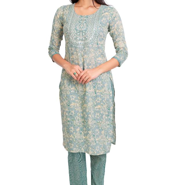 KAMDAR Sima Cotton Sulam Kurti dengan Seluar Readymade Set 2-in-1 untuk Wanita (S - 3XL) Plus Size Set Pallazo Ketibaan Baru Cantik & Trendi Lengan Pakaian Tradisional Fesyen Deepavali