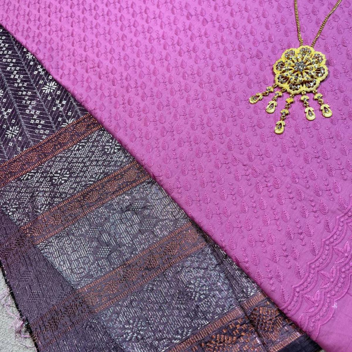 Triple Line Border Songket with Mix Cotton Embroidery Combo Set