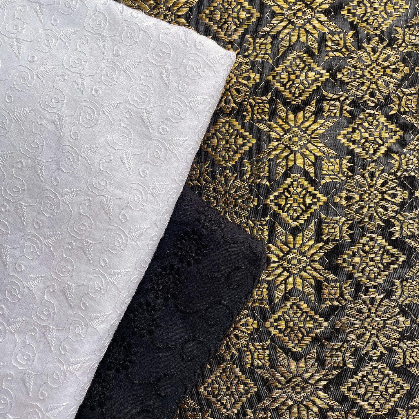 Black and White Cotton Eyelet with Metallic Songket