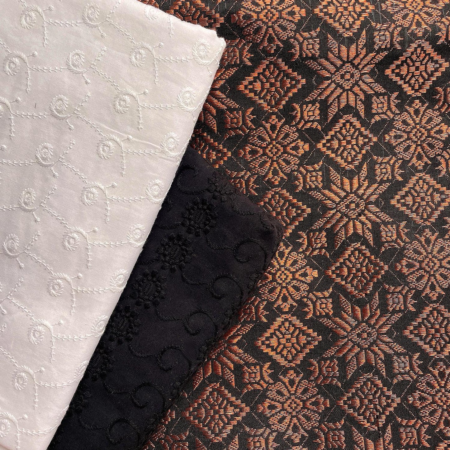 Black and White Cotton Eyelet with Metallic Songket
