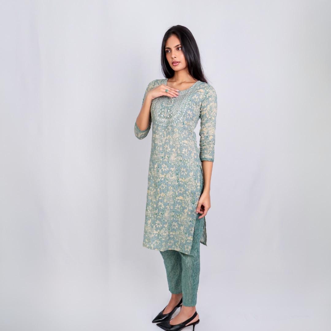 KAMDAR Sima Cotton Sulam Kurti dengan Seluar Readymade Set 2-in-1 untuk Wanita (S - 3XL) Plus Size Set Pallazo Ketibaan Baru Cantik & Trendi Lengan Pakaian Tradisional Fesyen Deepavali