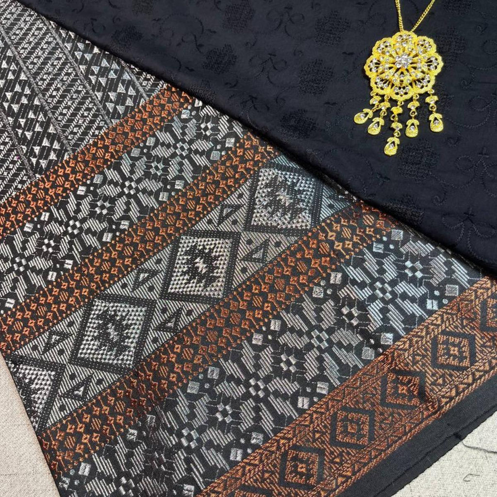 Triple Line Border Songket with Mix Cotton Embroidery Combo Set