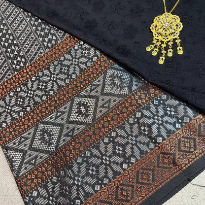 Triple Line Border Songket with Mix Cotton Embroidery Combo Set