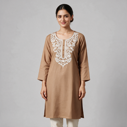 Women's Short Kurti with White Floral Embroidery - Brown