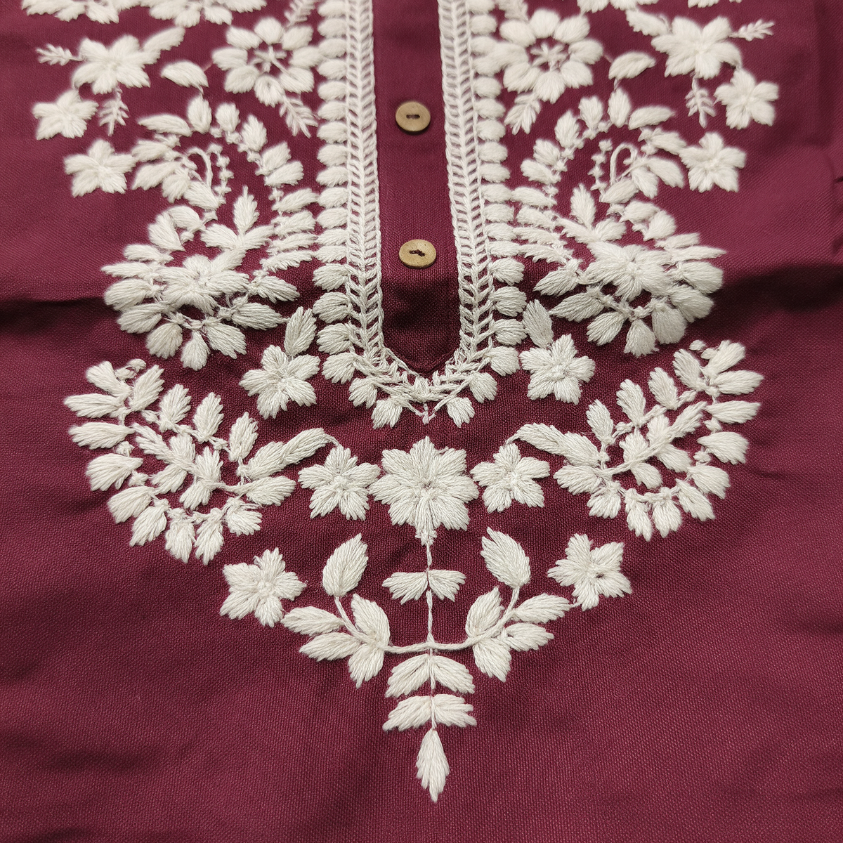 Women's Short Kurti with White Floral Embroidery - Embroidery