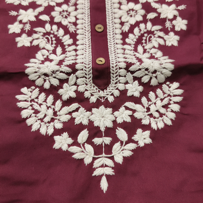Women's Short Kurti with White Floral Embroidery - Embroidery