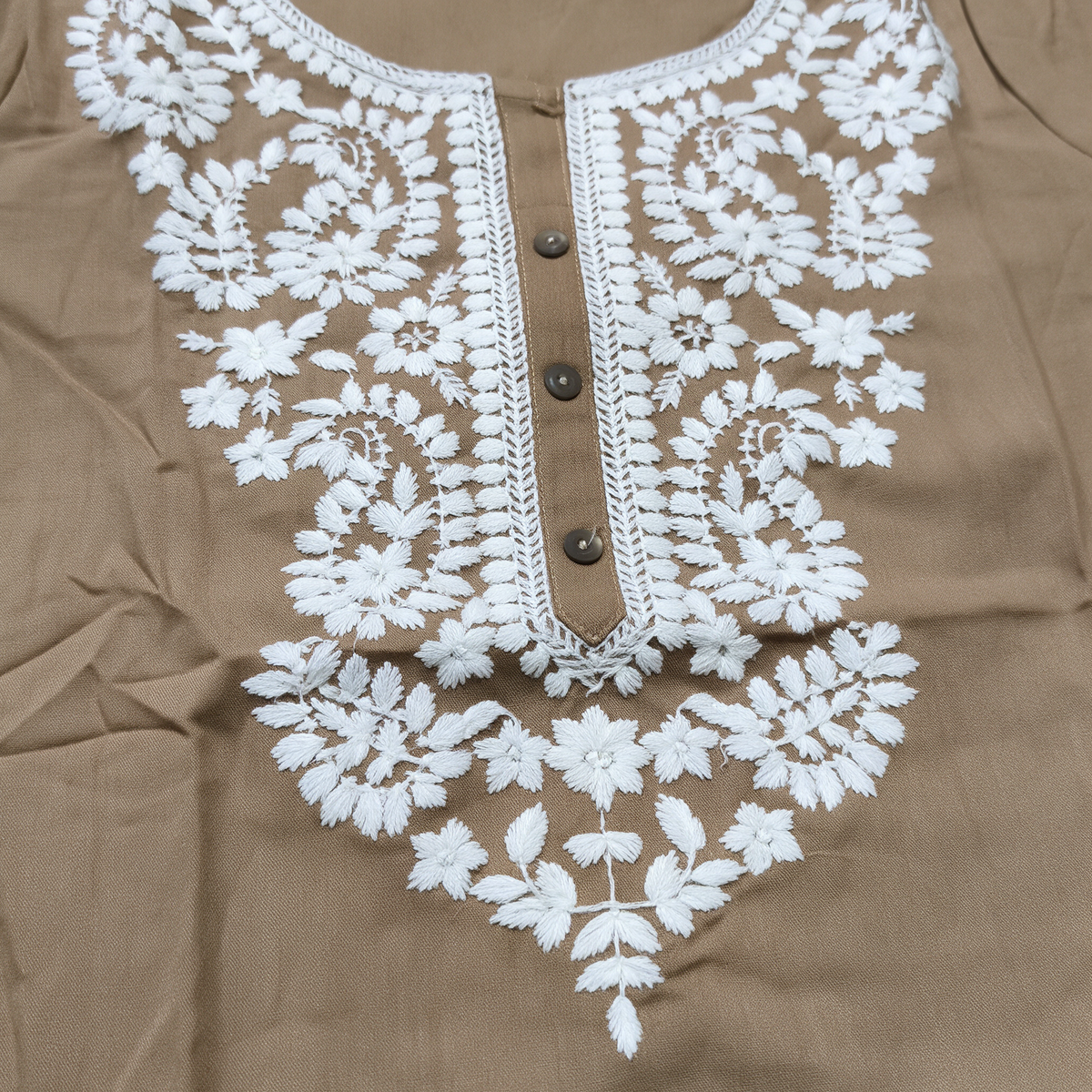 Women's Short Kurti with White Floral Embroidery - Embroidery