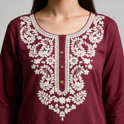 Women's Short Kurti with White Floral Embroidery - Neckline