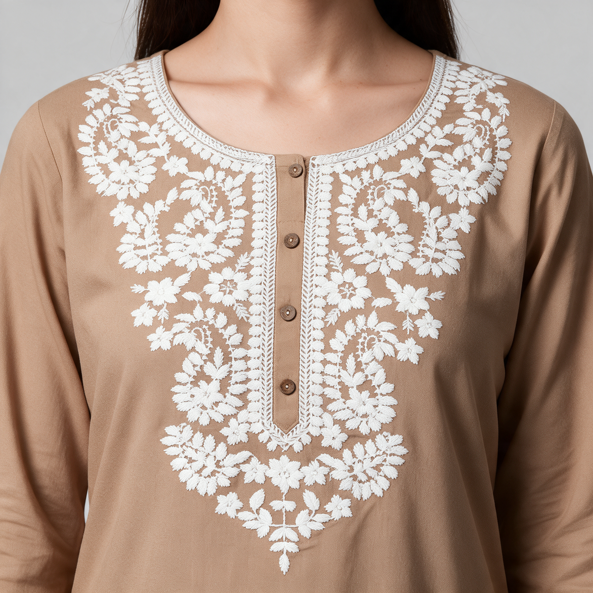 Women's Short Kurti with White Floral Embroidery - Neckline