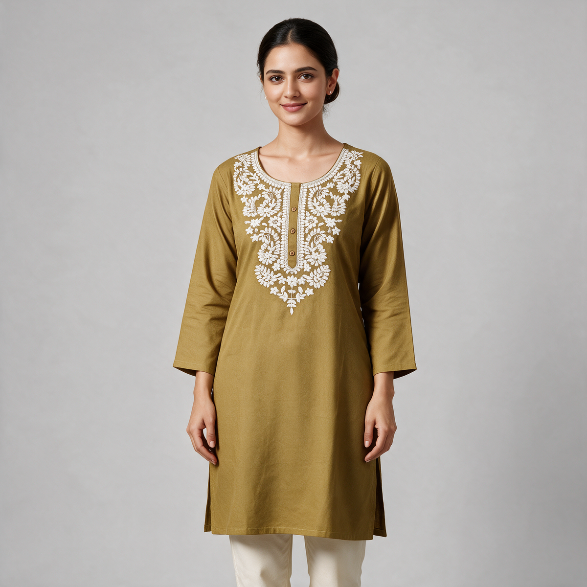 Women's Short Kurti with White Floral Embroidery - Olive