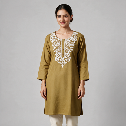 Women's Short Kurti with White Floral Embroidery - Olive