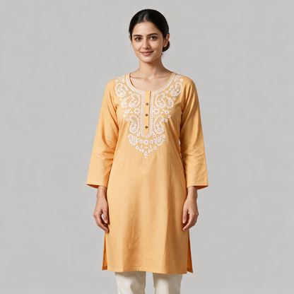 Women's Short Kurti with White Floral Embroidery - Orange