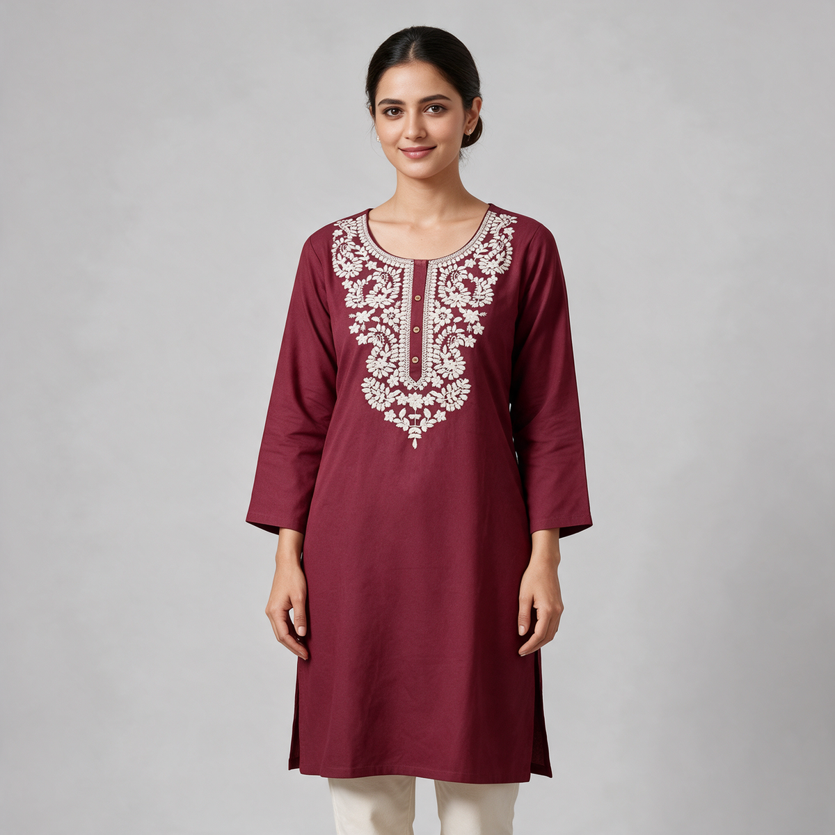 Women's Short Kurti with White Floral Embroidery - Red