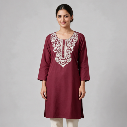 Women's Short Kurti with White Floral Embroidery - Red